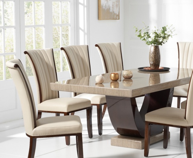 Novara 200cm Brown Pedestal Marble Dining Table with 10 Cream Lorient Chairs