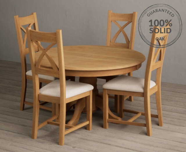 Hertford 120cm Fixed Top Solid Oak Round Pedestal Table with 4 Linen Natural Solid Oak Chairs