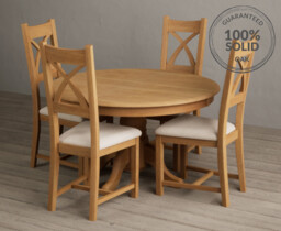 Hertford 120cm Fixed Top Solid Oak Round Pedestal Table with 4 Linen Natural Solid Oak Chairs