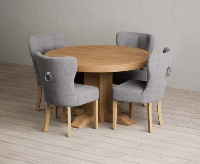 Extending Helmsley Solid Oak Pedestal Dining Table with 8 Grey Keswick Chairs