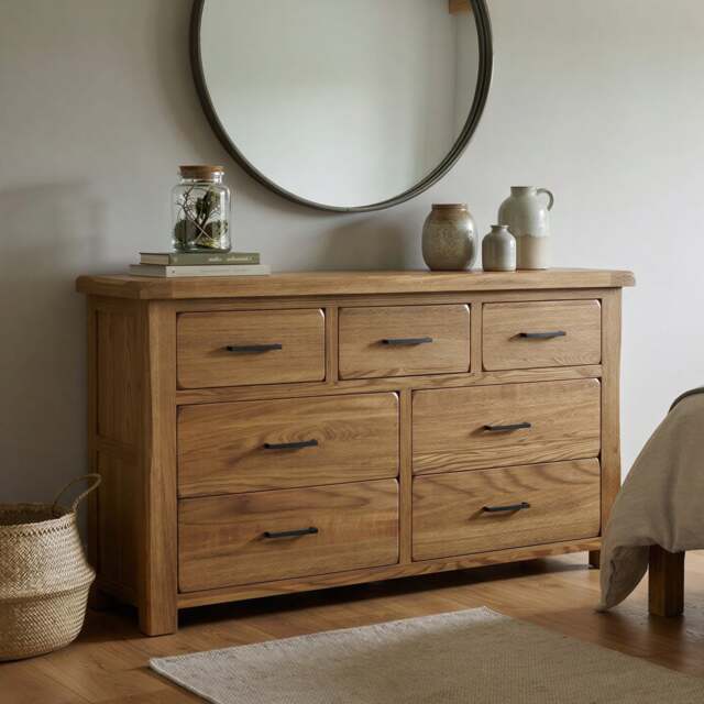 Rustic Solid Oak Wide Chest of Drawers - 7 Dovetail Drawers