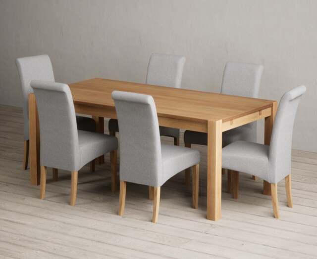 Thetford 180cm Solid Oak Dining Table with 6 Grey Scroll Back Chairs