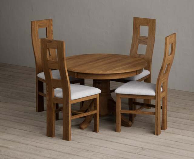 Extending Hertford 100cm - 130cm Rustic Oak Pedestal Dining Table with 4 Light Grey Rustic Solid Oak Chairs