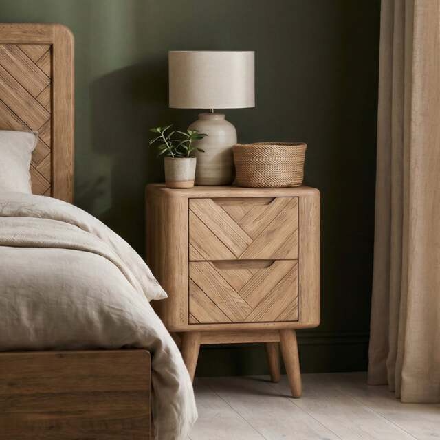 Solid Oak 2 Drawer Bedside Chest - Herringbone Detail