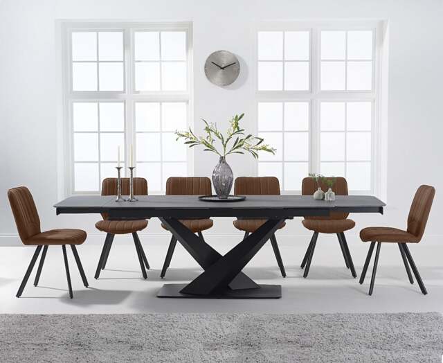 Extending Jacob 180cm Grey Stone Dining Table with 8 Brown Hendrick Chairs