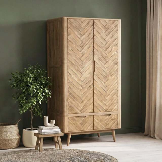 Solid Oak Double Wardrobe - Herringbone Detail
