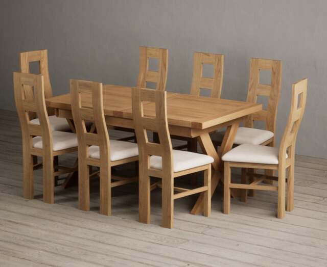 Extending Buckley 160cm Solid Oak Dining Table with 8 Linen Natural Chairs