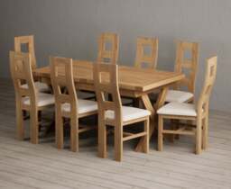 Extending Buckley 160cm Solid Oak Dining Table with 8 Linen Natural Chairs