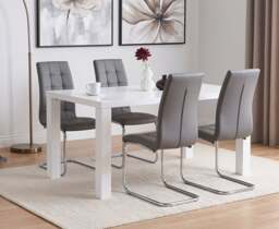 Seattle 160cm White High Gloss Dining Table with 4 Grey Vigo Chairs