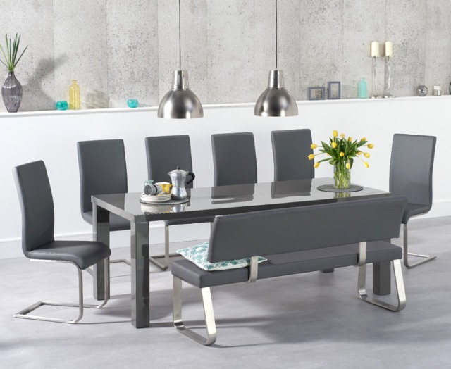 Seattle 200cm Dark Grey High Gloss Dining Table with 6 Grey Austin Chairs and 2 Grey Benches