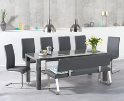 Seattle 200cm Dark Grey High Gloss Dining Table with 6 Grey Austin Chairs and 2 Grey Benches