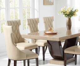 Novara 200cm Brown Pedestal Marble Dining Table with 12 Cream Sophia Chairs