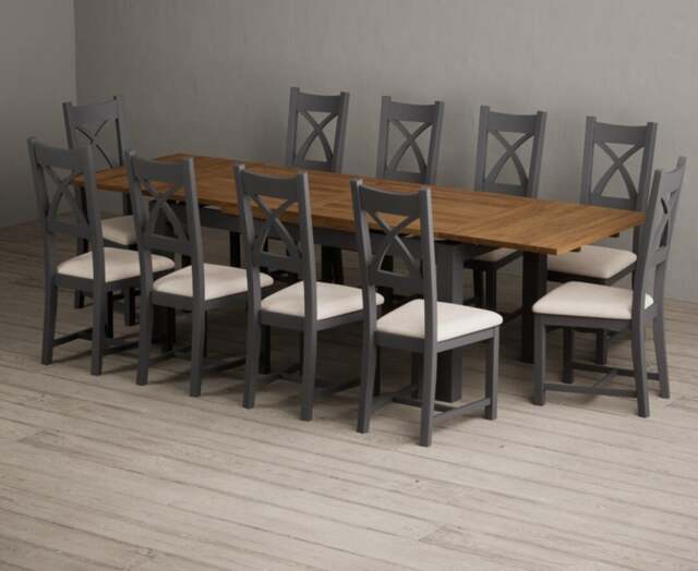 Extending Buxton 180cm Oak and Charcoal Grey Dining Table with 10 Linen Painted Chairs