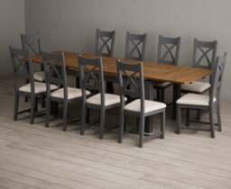 Extending Buxton 180cm Oak and Charcoal Grey Dining Table with 10 Linen Painted Chairs