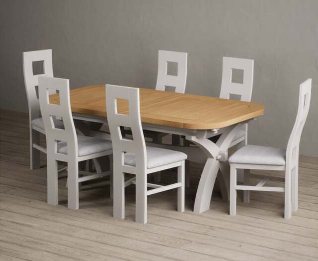 Extending Olympia 180cm Oak and Soft White Painted Dining Table with 6 Brown Painted Chairs