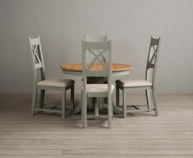 Extending Hertford 100cm - 130cm Oak and Soft Green Painted Pedestal Dining Table with 4 Linen Painted Chairs