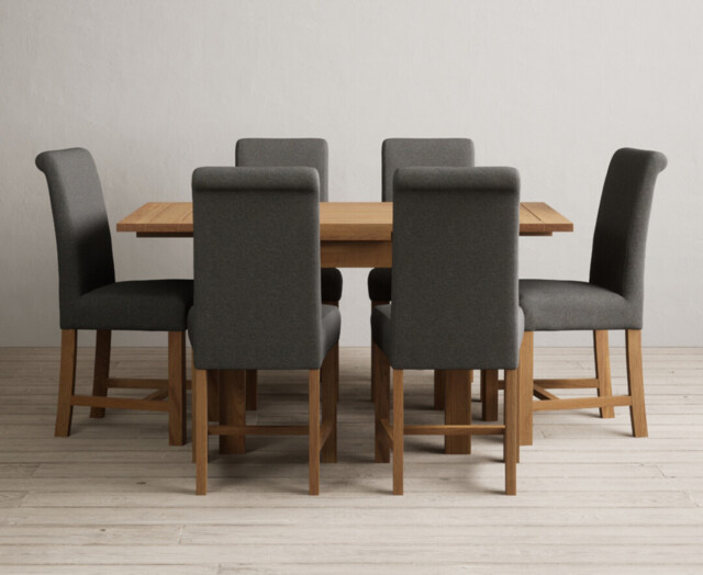 Extending Buxton 90cm Solid Oak Dining Table with 6 Charcoal Grey  Chairs