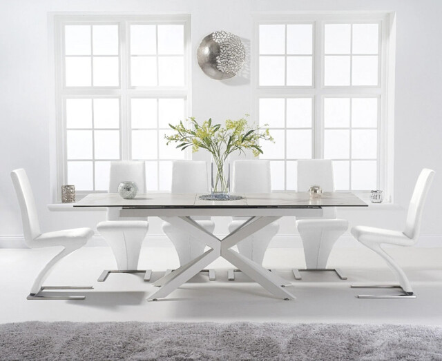 Extending Boston 180cm White Leg Ceramic Dining Table with 10 White Aldo Chairs