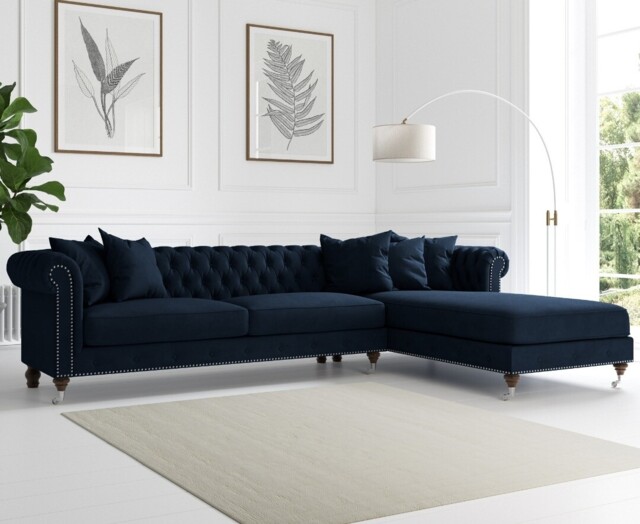 Chiswick Extra Large Blue Velvet Right Facing Chesterfield Corner Chaise Sofa