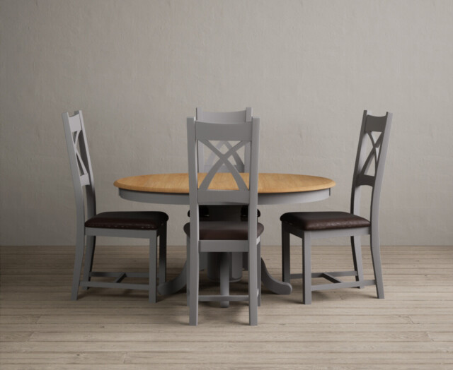 Extending Hertford 100cm - 130cm Oak and Light Grey Painted Pedestal Dining Table with 4 Brown Painted Chairs