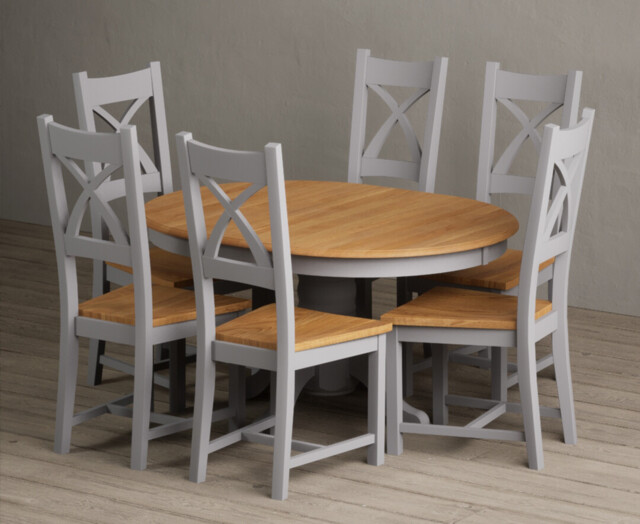 Extending Hertford 100cm - 130cm Oak and Light Grey Painted Pedestal Dining Table with 4 Brown Painted Chairs