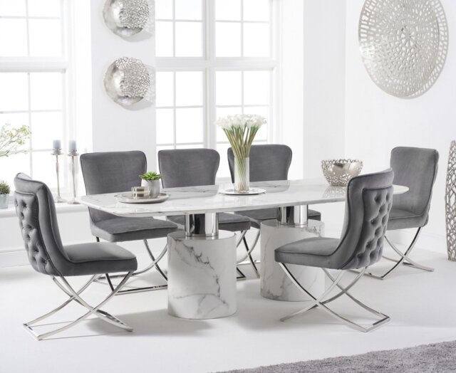 Antonio 220cm White Marble Table with 10 Grey Lorenzo Chairs
