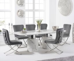 Antonio 220cm White Marble Table with 10 Grey Lorenzo Chairs
