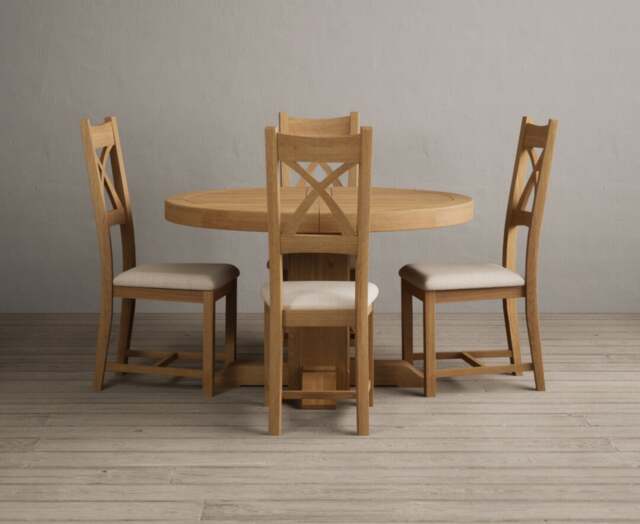 Extending Helmsley Solid Oak Pedestal Dining Table with 4 Linen Natural Solid Oak Chairs