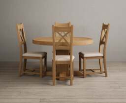 Extending Helmsley Solid Oak Pedestal Dining Table with 4 Linen Natural Solid Oak Chairs