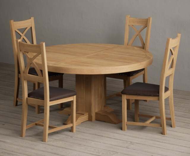 Helmsley 150cm Solid Oak Round Pedestal Dining Table with 4 Brown Natural Solid Oak Chairs