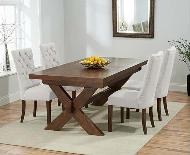 Extending Buckley 200cm Dark Oak Dining Table with 6 Natural Francois Chairs