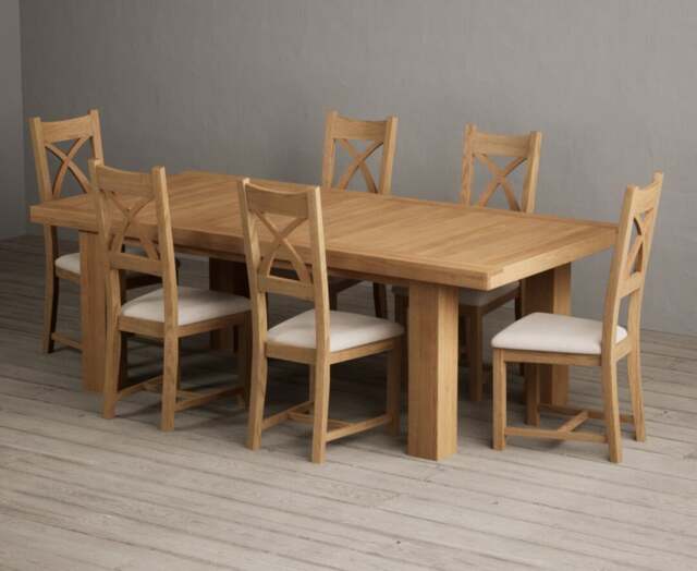 Extending Callington 230cm Oak Dining Table with 6 Linen Natural Solid Oak Chairs