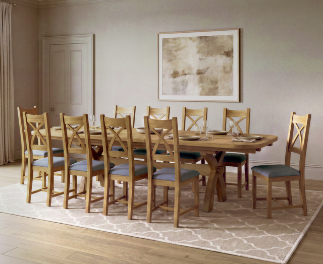 Extending Olympia 180cm Solid Oak Dining Table with 10 Blue Natural Solid Oak Chairs