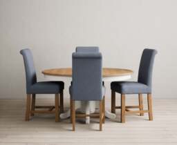 Extending Hertford 100cm - 130cm Oak and Signal White Painted Pedestal Dining Table with 4 Blue Braced Chairs
