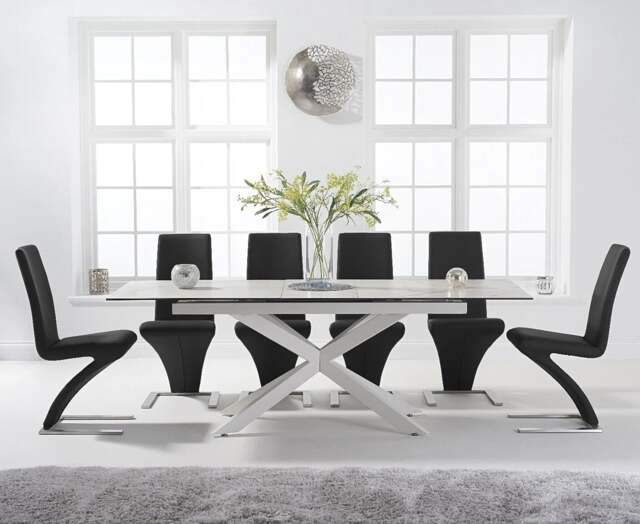 Extending Boston 180cm White Leg Ceramic Dining Table with 6 Black Aldo Chairs