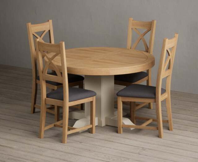 Extending Helmsley Oak and Cream Painted Pedestal Dining Table with 4 Charcoal Grey Natural Solid Oak Chairs