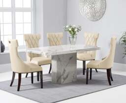 Belle 160cm White Marble Dining Table with 8 Cream Sophia Chairs