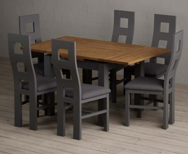 Extending Buxton 90cm Oak and Charcoal Grey Dining Table with 6 Charcoal Grey Painted Chairs
