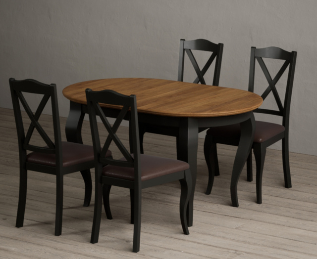 Extending Chateau Noir 140cm Oak and Black Painted Oval Dining Table with 4 Brown Chateau Noir Chairs