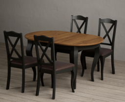 Extending Chateau Noir 140cm Oak and Black Painted Oval Dining Table with 4 Brown Chateau Noir Chairs