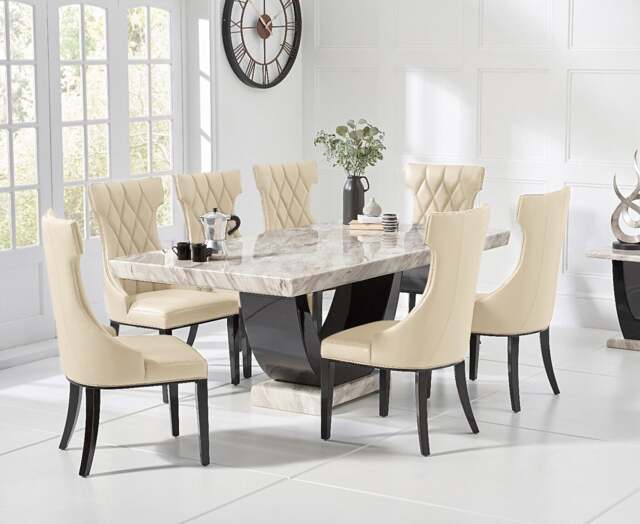 Novara 200cm Cream and Black Pedestal Marble Dining Table with 6 Cream Sophia Chairs