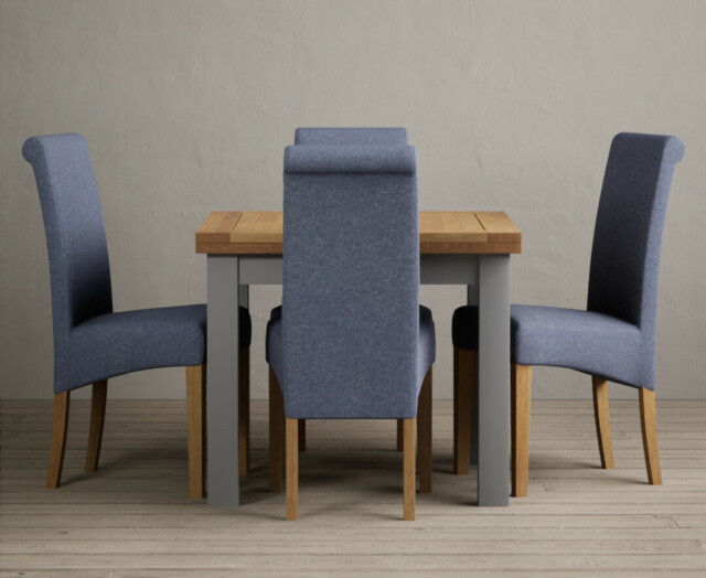 Extending Buxton 90cm Oak and Light Grey Dining Table with 4 Blue Scroll Back Chairs