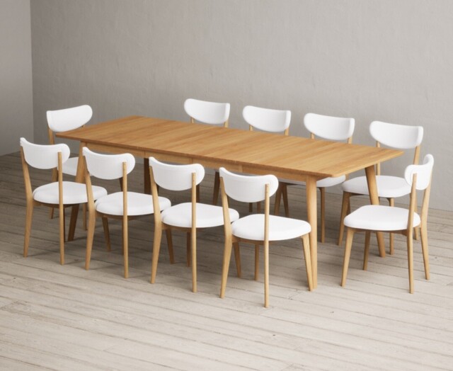 Extending Ruben 150cm Retro Oak Dining Table with 10 White Nordic Chairs