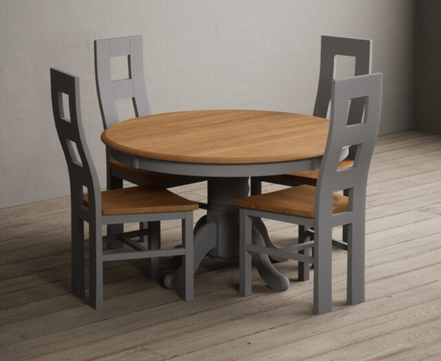 Hertford 120cm Fixed Top Oak and Light Grey Painted Dining Table with 4 Oak Natural Chairs