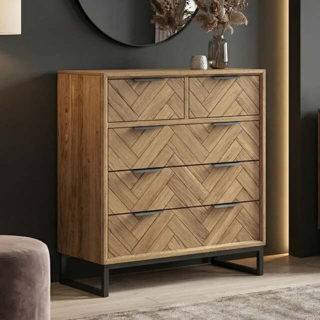 Herringbone Solid Oak 2 Over 3 Chest of Drawers