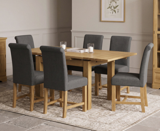 Extending Buxton 90cm Solid Oak Dining Table with 6 Charcoal Grey Braced Chairs