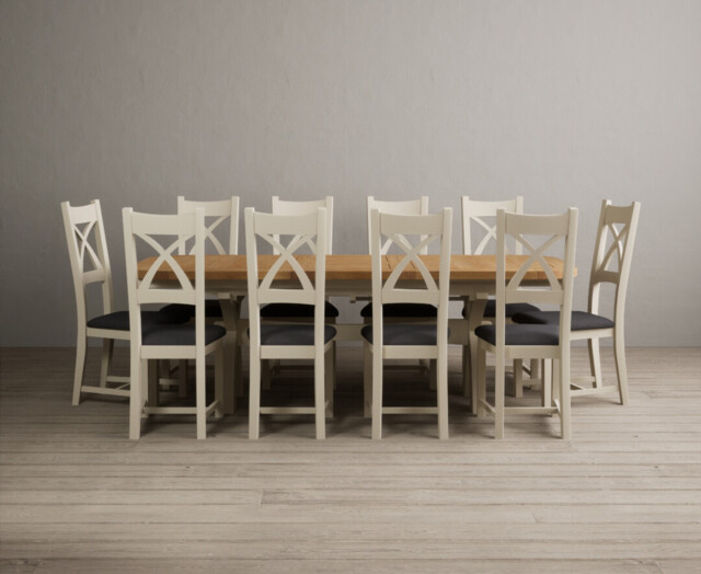 Extending Olympia 180cm Oak and Cream Painted Dining Table with 10 Charcoal Grey Painted Chairs