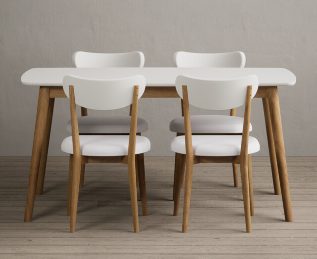 Nordic 150cm Solid Oak and Signal White Painted Dining Table with 4 White Nordic Chairs