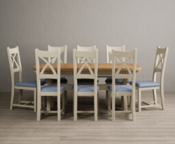 Extending Olympia 180cm Oak and Cream Painted Dining Table with 8 Blue Painted Chairs