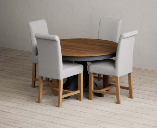 Hertford 120cm Fixed Top Oak and Dark Blue Painted Dining Table with 4 Blue Braced Chairs